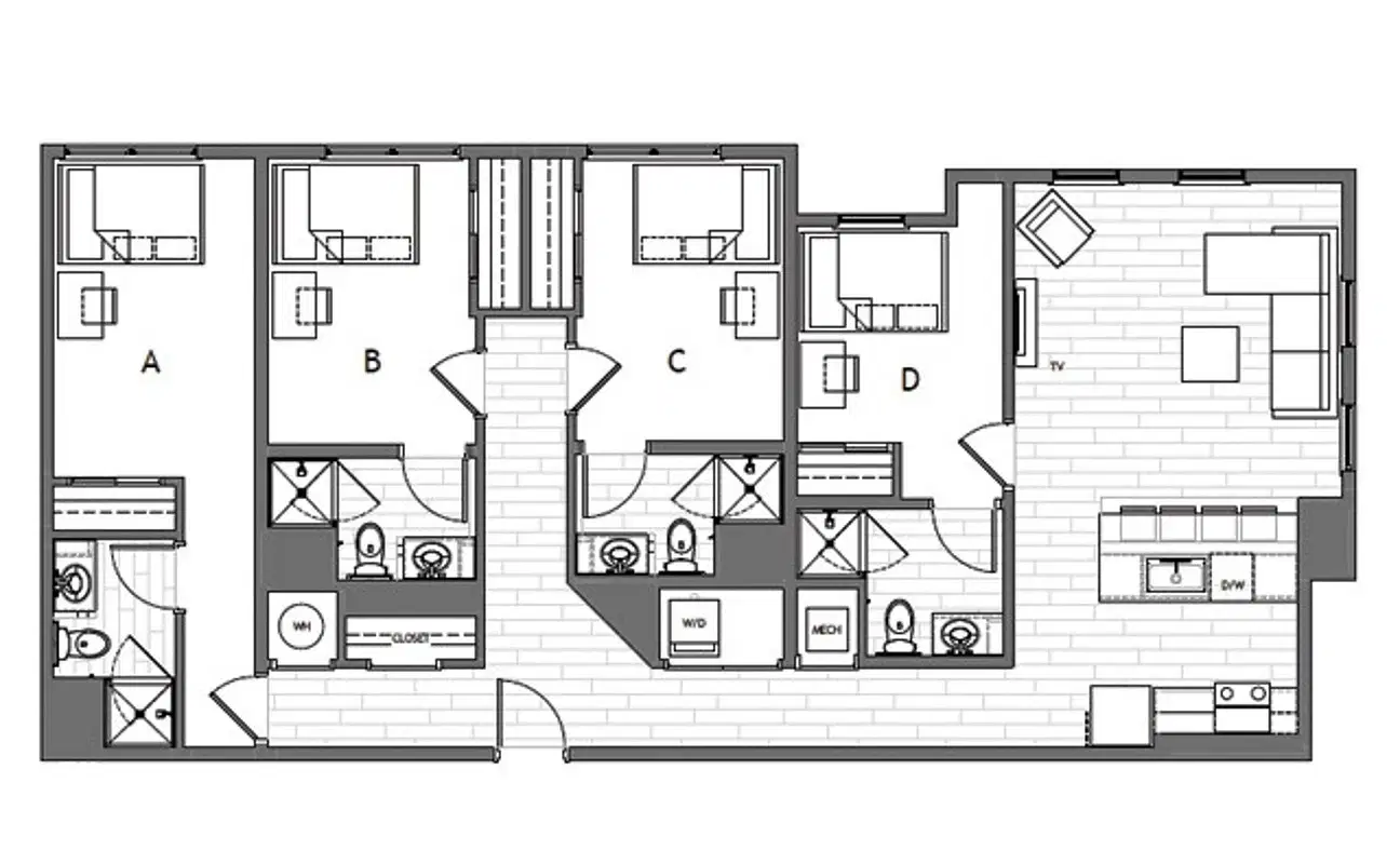 Evolve Bloomington, Bloomington – 4x4 Premium Room in 4 Bedroom 4 Bathroom