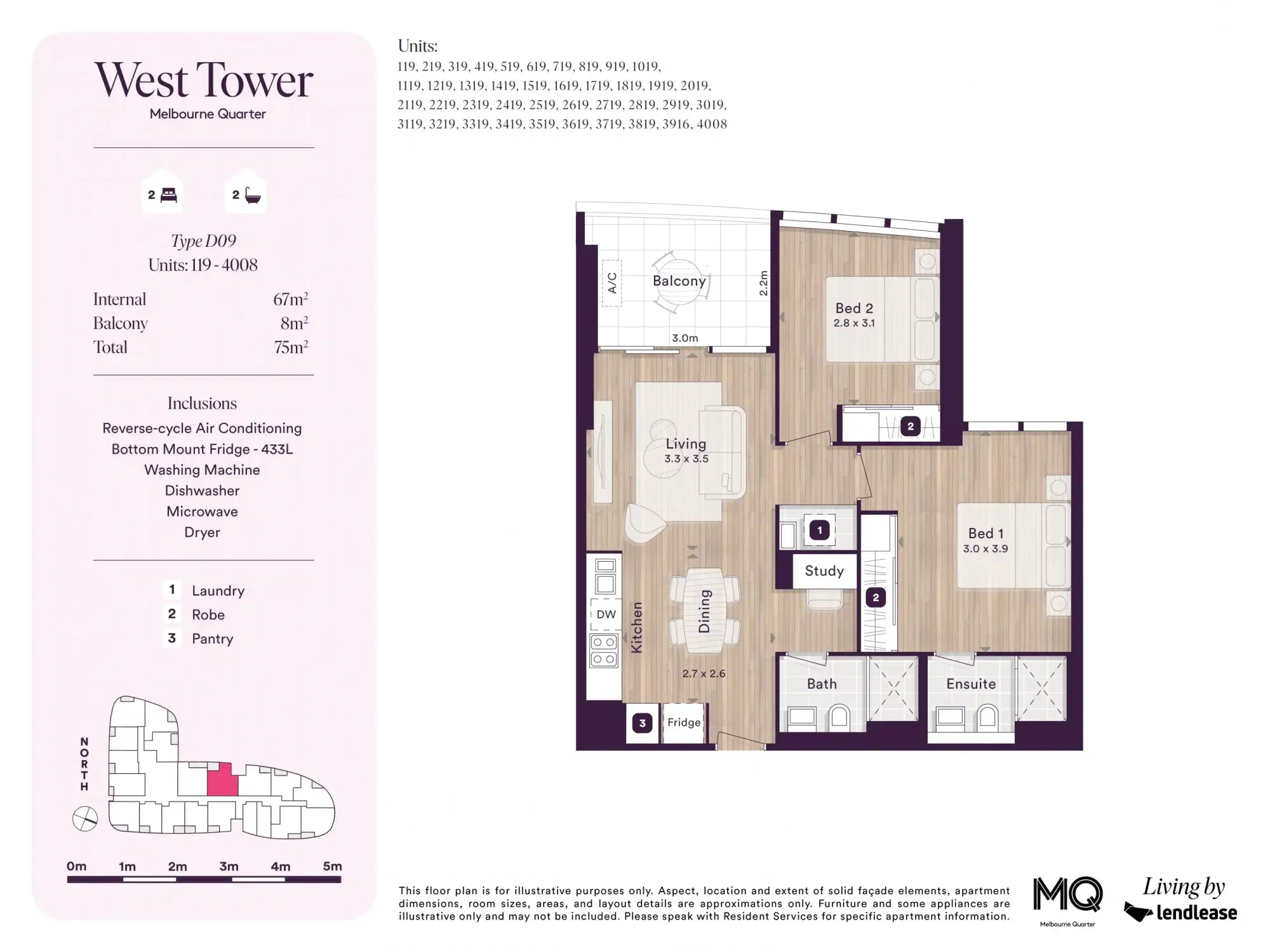 West Tower, Melbourne Quarter, Melbourne – 2 Bed 2 Bath + Study Nook (UF)