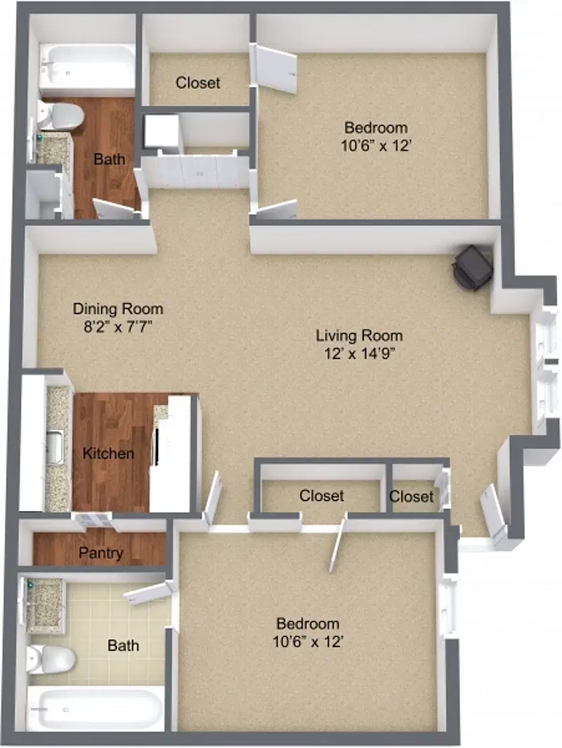 Overlook Apartments, Greenville – 2 Bed 2 Bath | Two Bedroom Fireplace and Bay Window