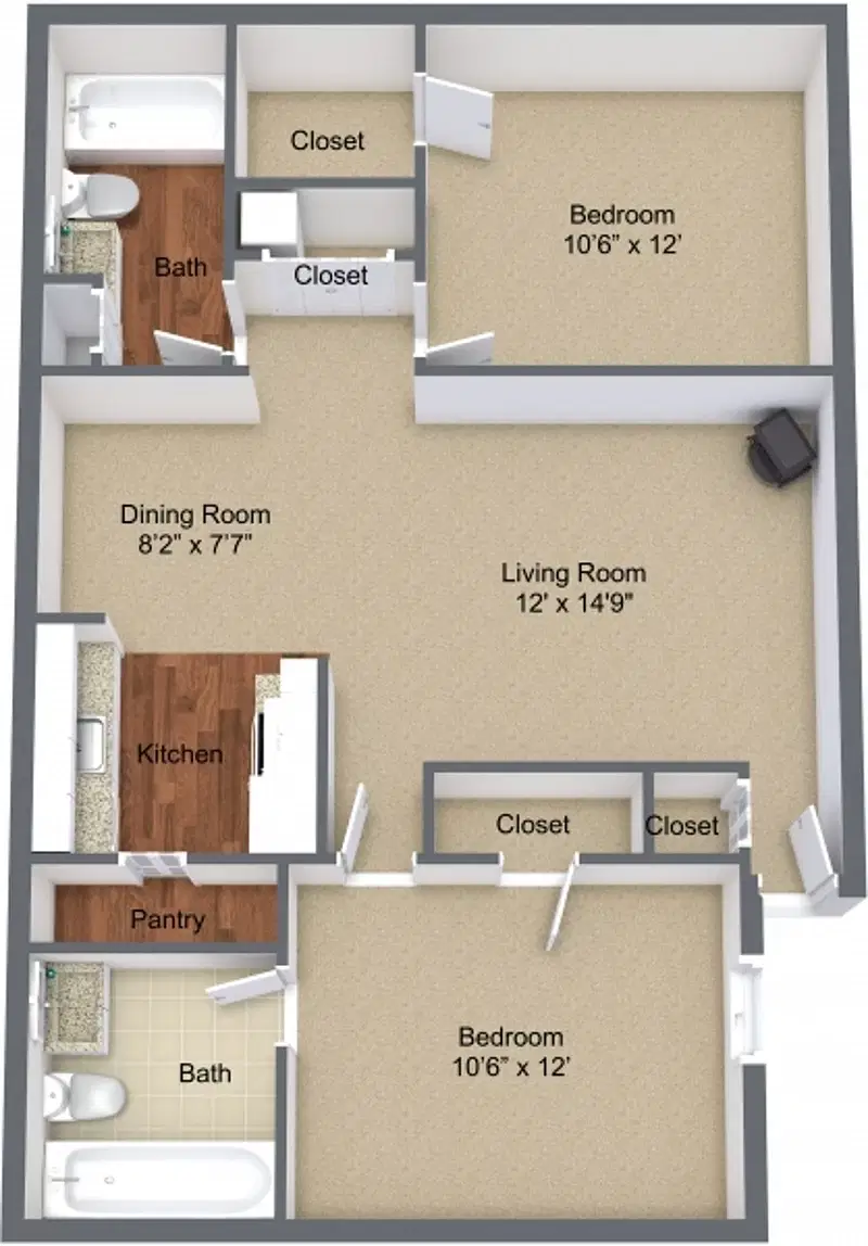 Overlook Apartments, Greenville – 2 Bed 2 Bath | Two Bedroom Fireplace