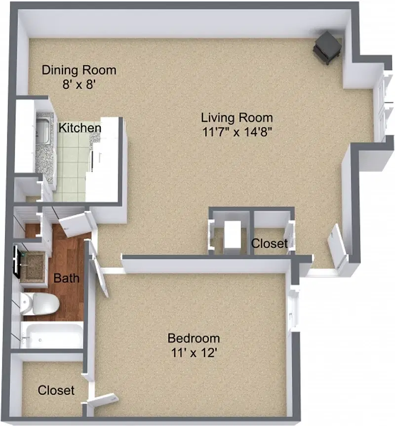 Overlook Apartments, Greenville – 1 Bed 1 Bath | One Bedroom Fireplace and Bay Window